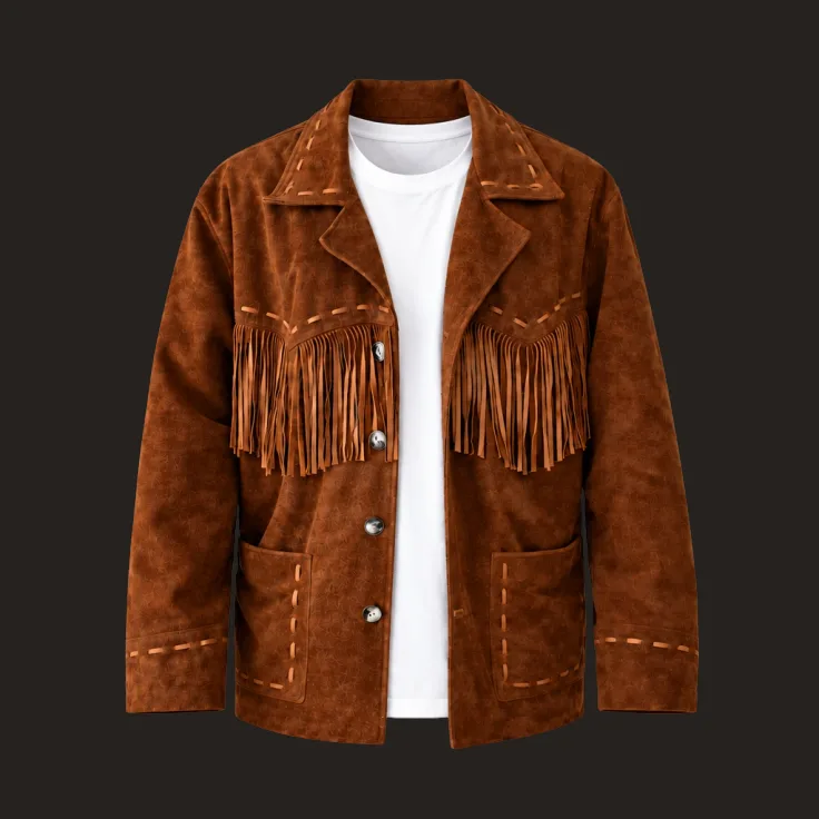 Campera de gamuza con flecos de CED Handmade, con un pequeño tag NFC de cobre en el bolsillo